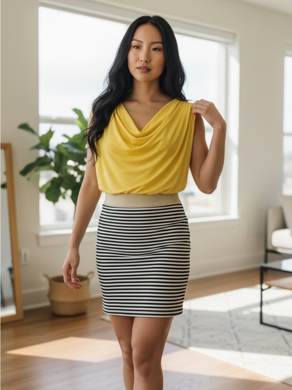Rinascimento Yellow Color Block Bodycon Dress XS Cowl Neck Striped Skirt Italy